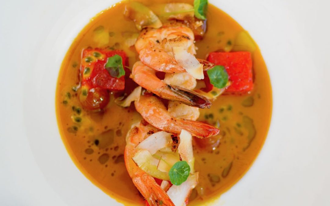 Sautéed Shrimp With Curried Passion Fruit Broth And Compressed Watermelon